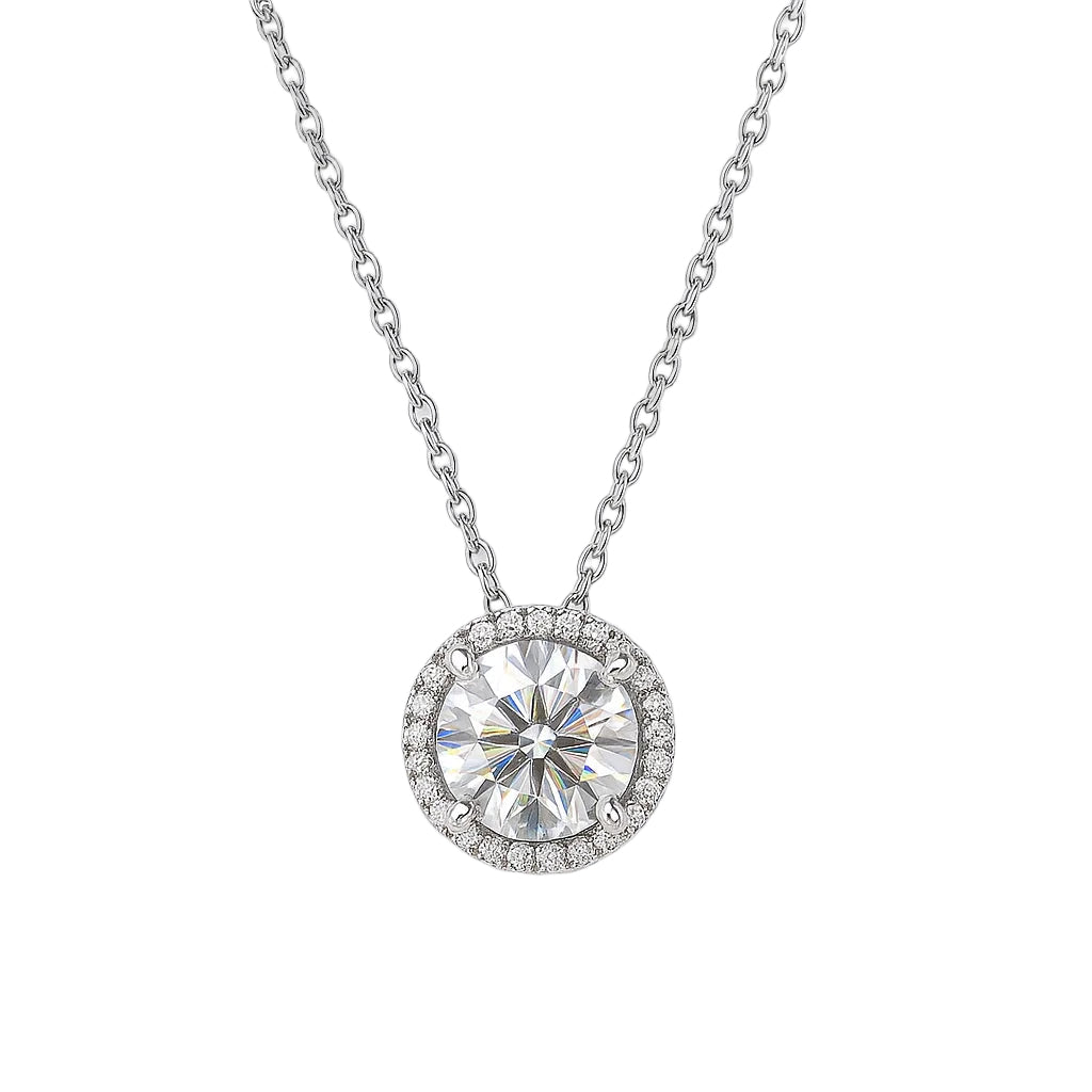 Moissanite necklace with a white background