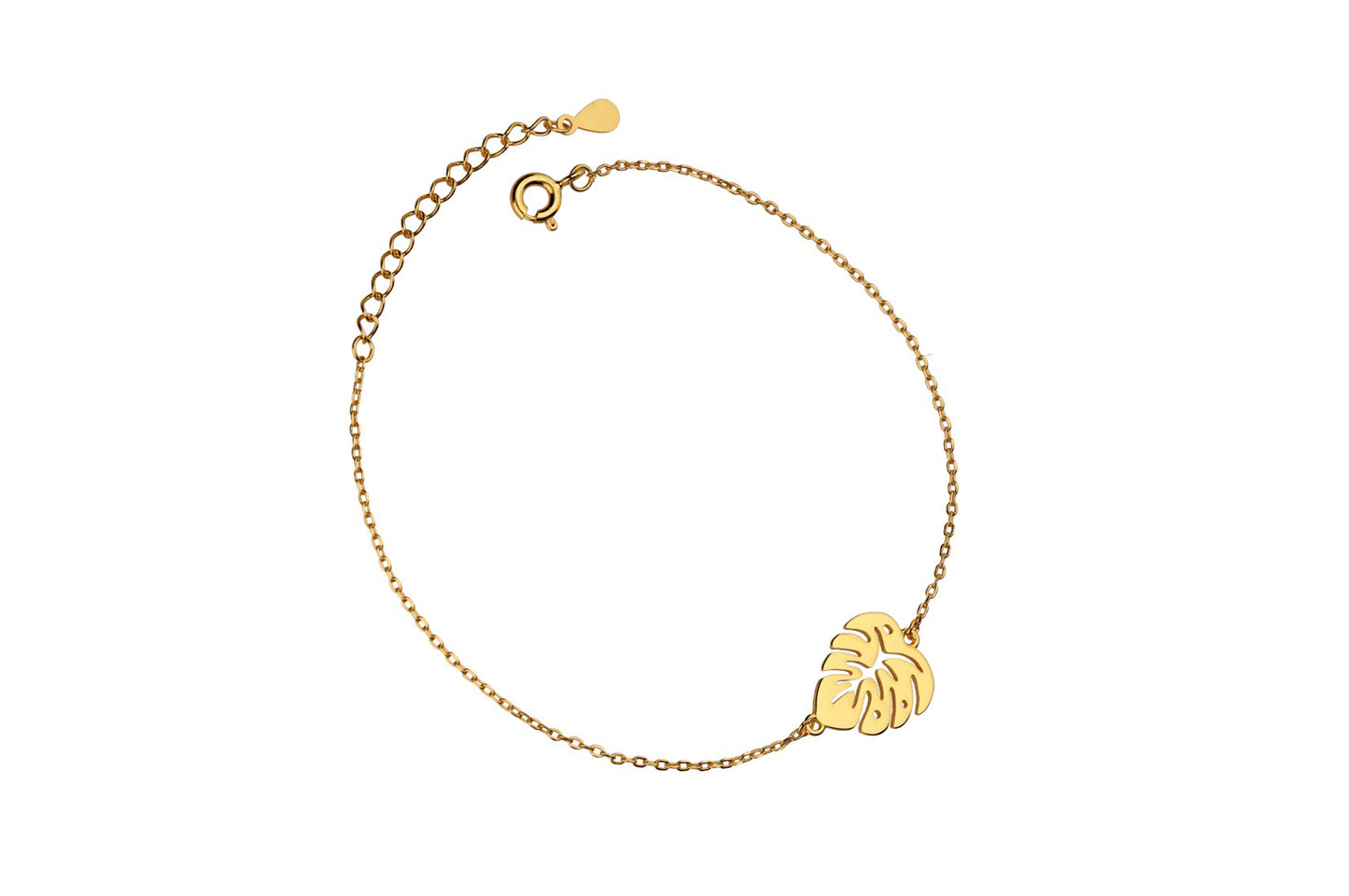 A gold-plated bracelet featuring a palm leaf charm, with an adjustable chain and a lobster clasp closure.