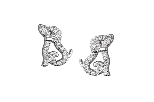 A pair of silver stud earrings designed in the shape of a dog, with cubic zirconia embellishments.