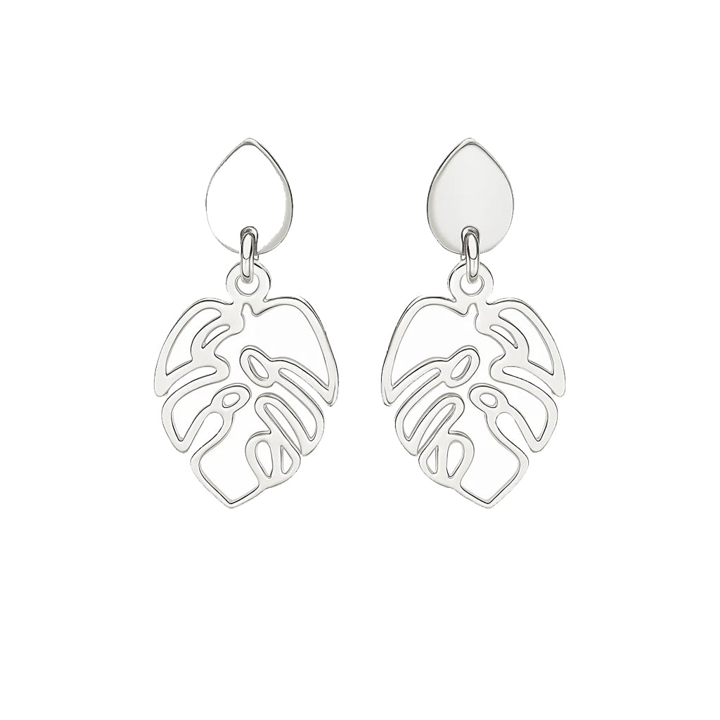 Silver leaf-shaped earrings on a white background