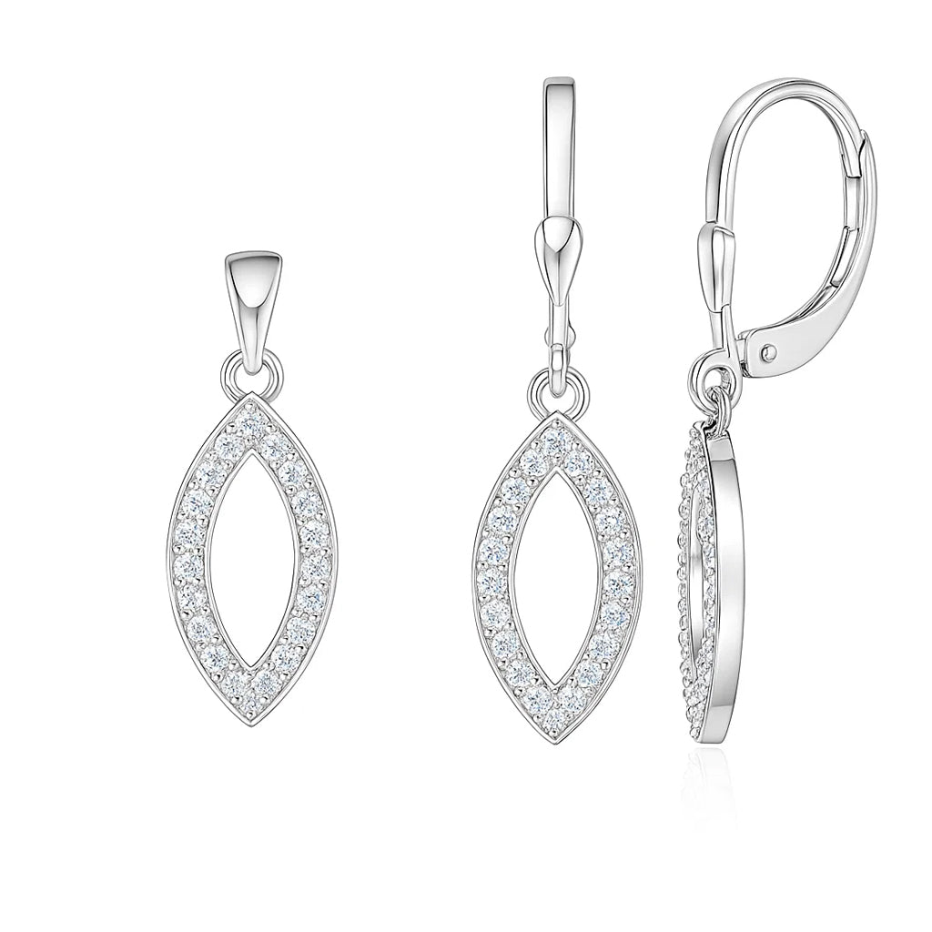 Silver earrings with clear gemstones on a white background