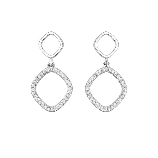 Pair of silver earrings with diamond-shaped pendants on a white background