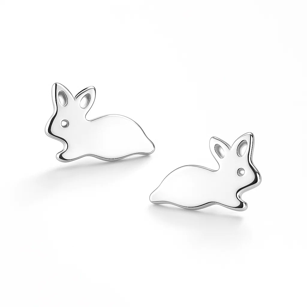 Silver rabbit-shaped earrings on a white background