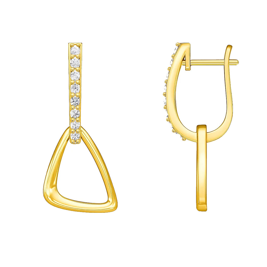 Gold earrings with diamond accents on a white background