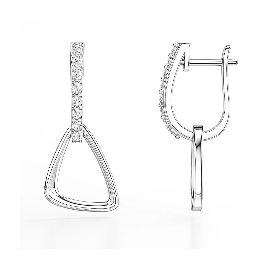 Silver earrings with a geometric design on a white background