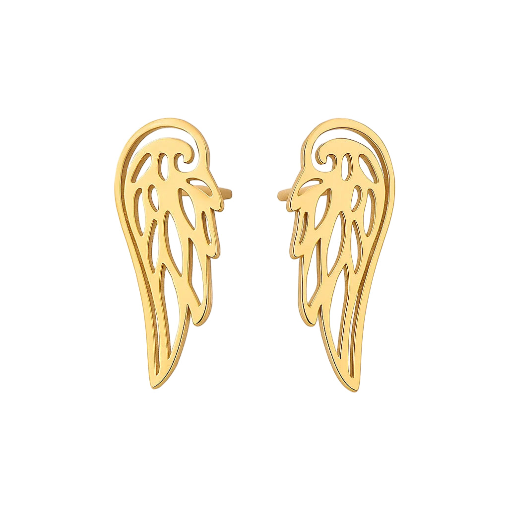 Gold angel wing earrings on a white background