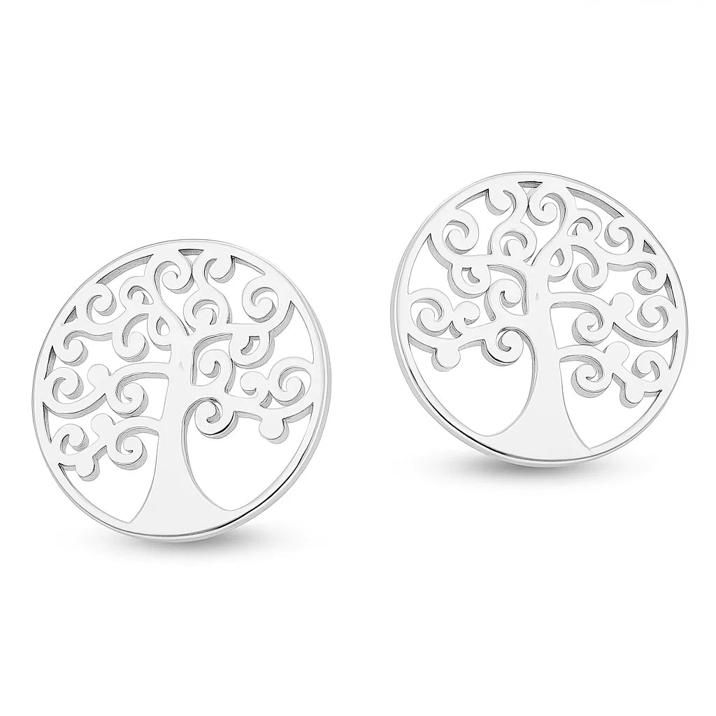 Silver tree of life earrings on a white background