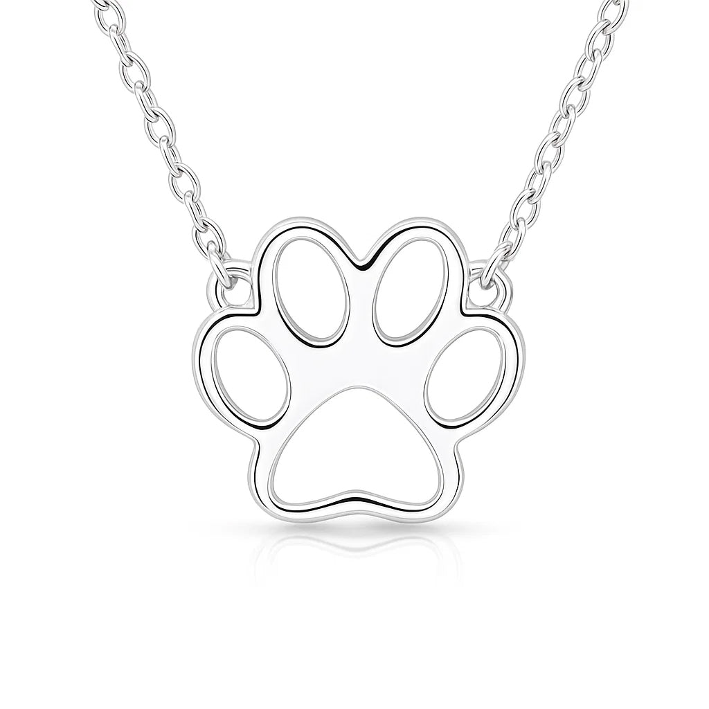 Silver paw print necklace on a white background