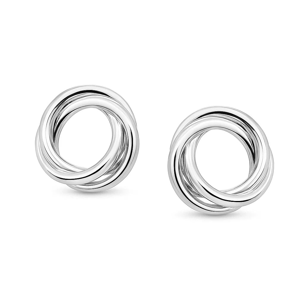Pair of silver earrings with interlocking rings on a white background