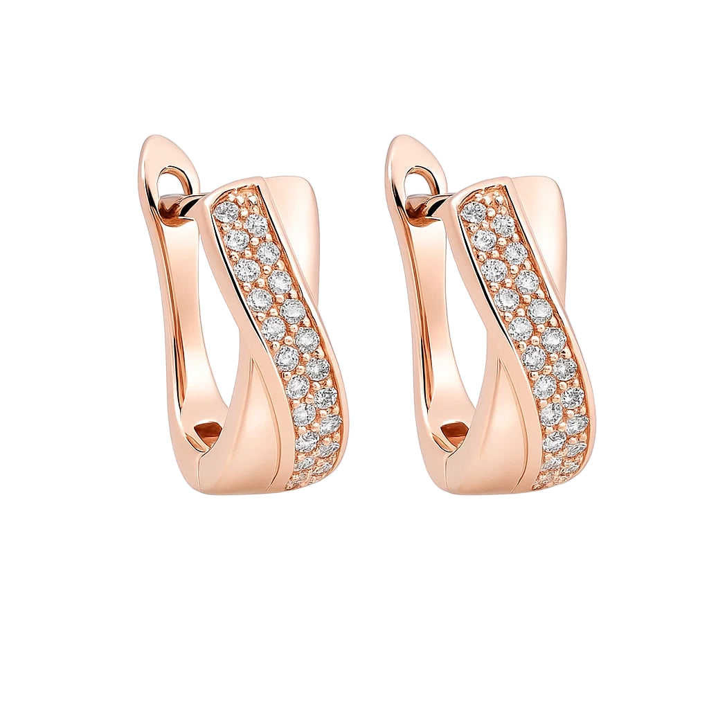 Rose gold hoop earrings with diamond accents on a white background