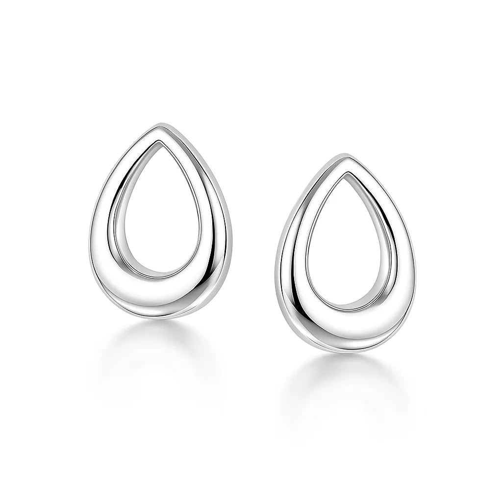 Pair of silver teardrop earrings on a white background