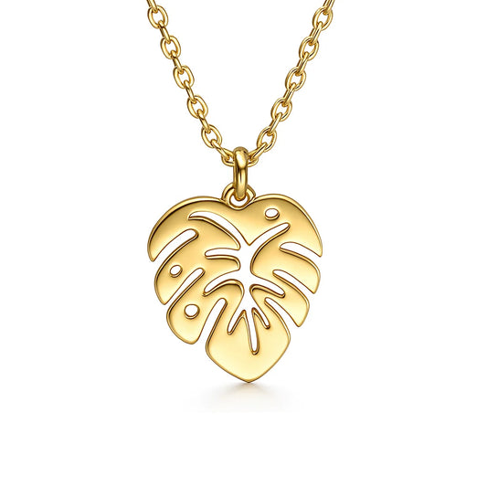 Gold leaf-shaped pendant on a chain against a white background