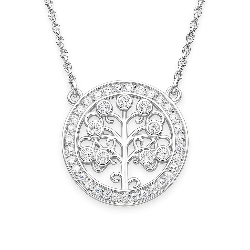 Silver necklace with a circular pendant featuring a tree design and small diamonds on a white background