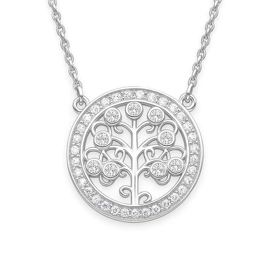 Silver necklace with a circular pendant featuring a tree design and small diamonds on a white background