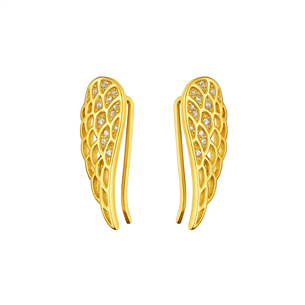 Gold angel wing earrings on a white background