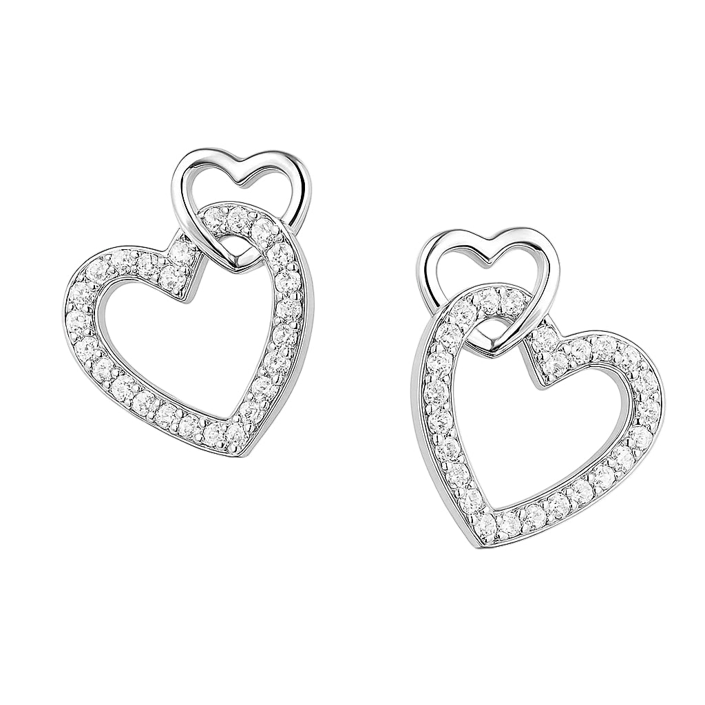 Heart-shaped earrings with clear stones on a white background
