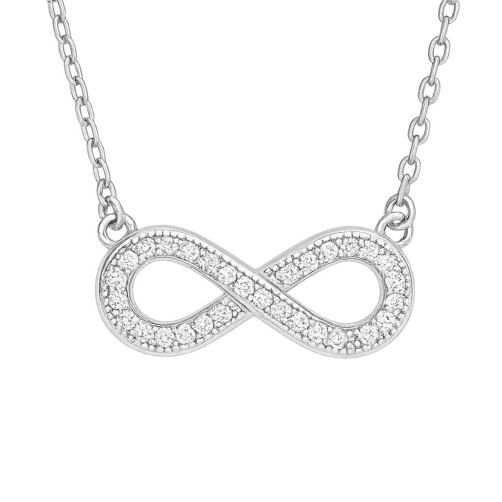 Silver infinity necklace with clear stones on a white background
