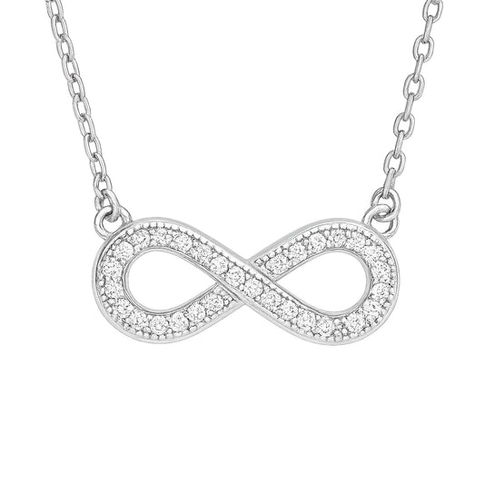 Silver infinity necklace with clear stones on a white background