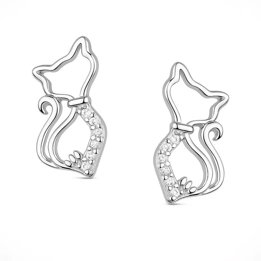 Silver cat-shaped earrings with embedded stones on a white background