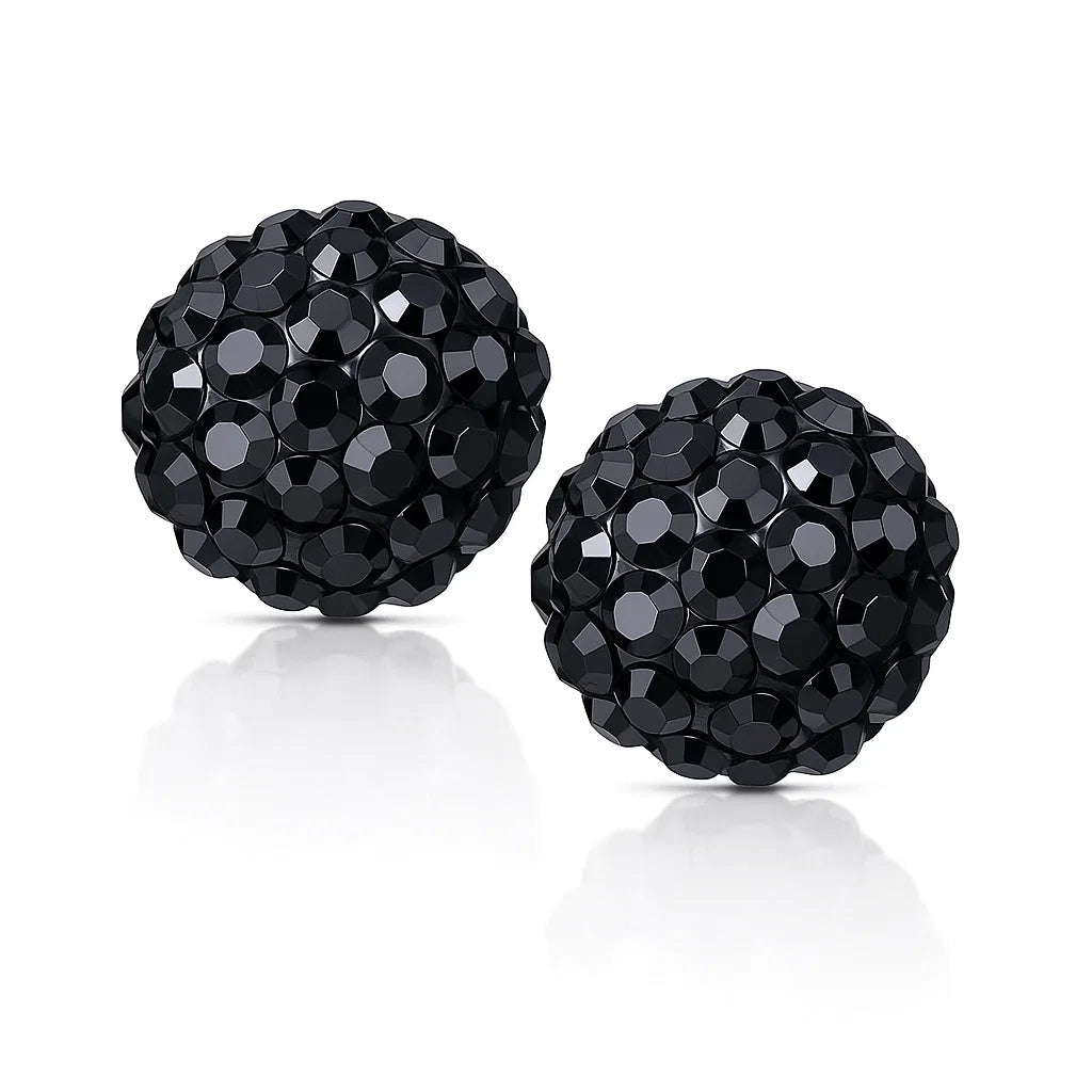 Pair of black beaded earrings on a white background