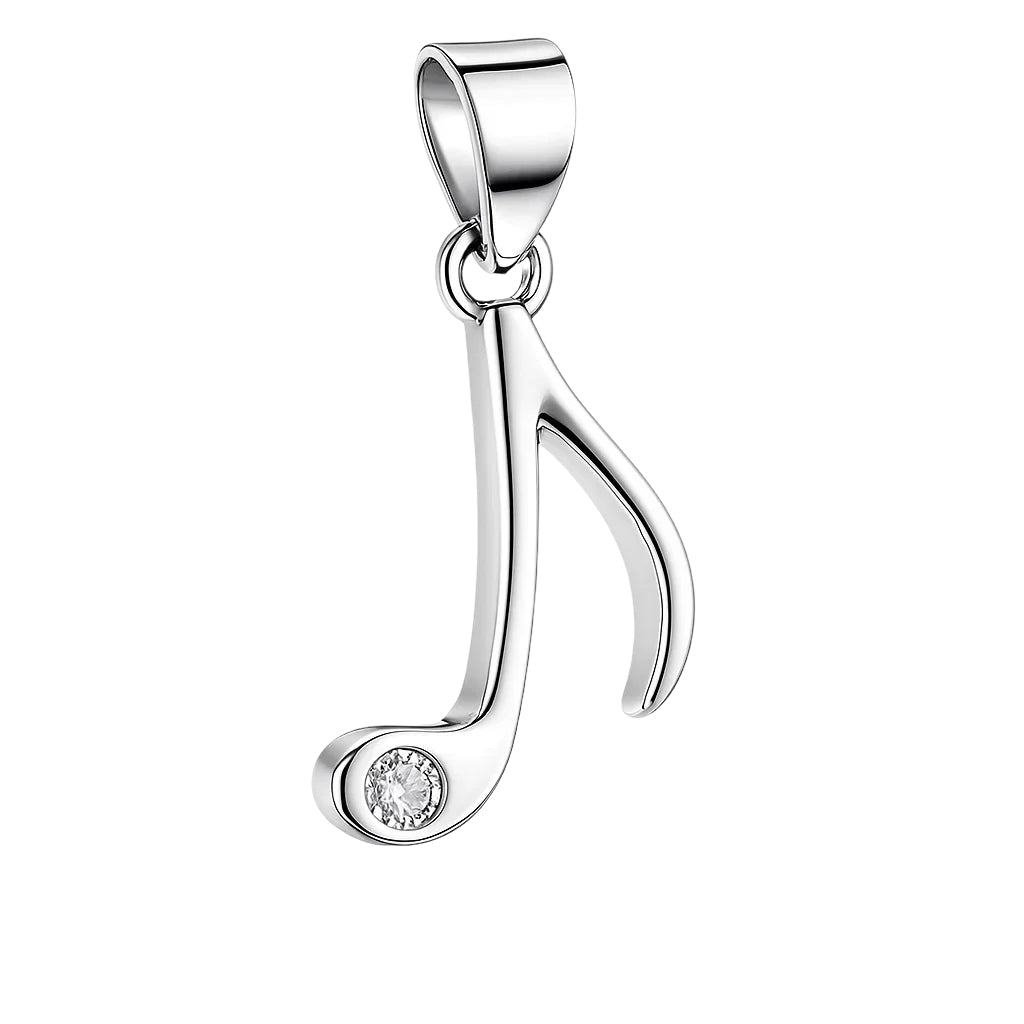 Silver pendant shaped like a musical note with a small gemstone on a white background