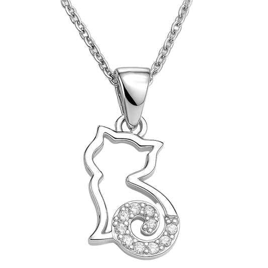 Silver cat-shaped pendant with clear stones on a white background