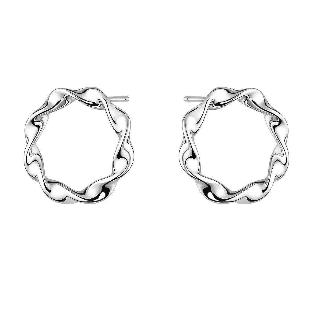 Pair of silver hoop earrings on a white background