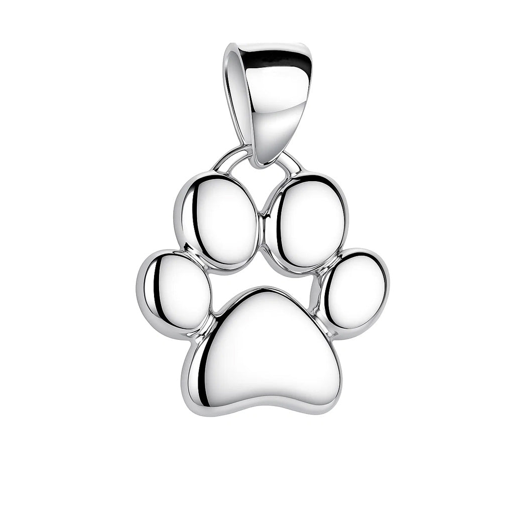 Silver paw print pendant on a white background