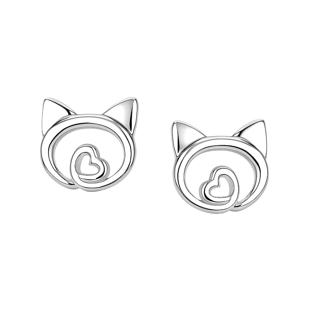 Silver cat-shaped earrings with heart designs on a white background