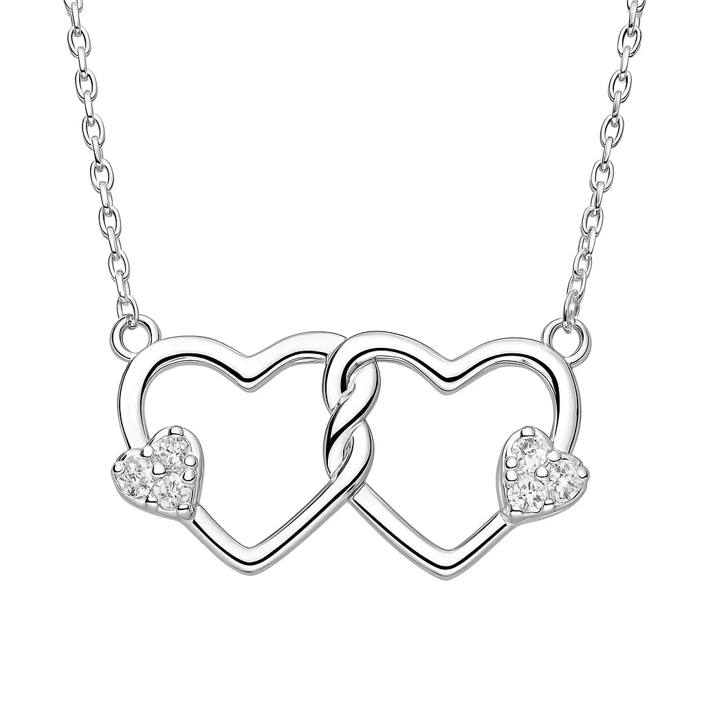 Silver necklace with interlocking heart pendants on a white background