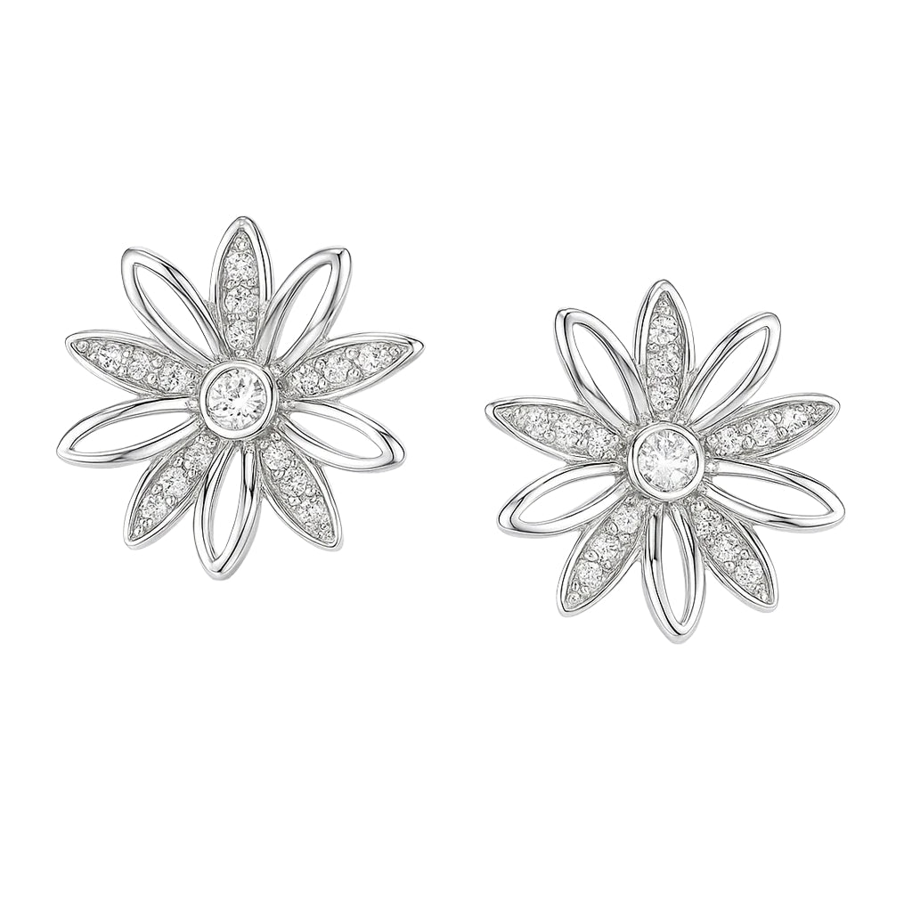 Pair of silver flower-shaped earrings with clear gemstones on a white background
