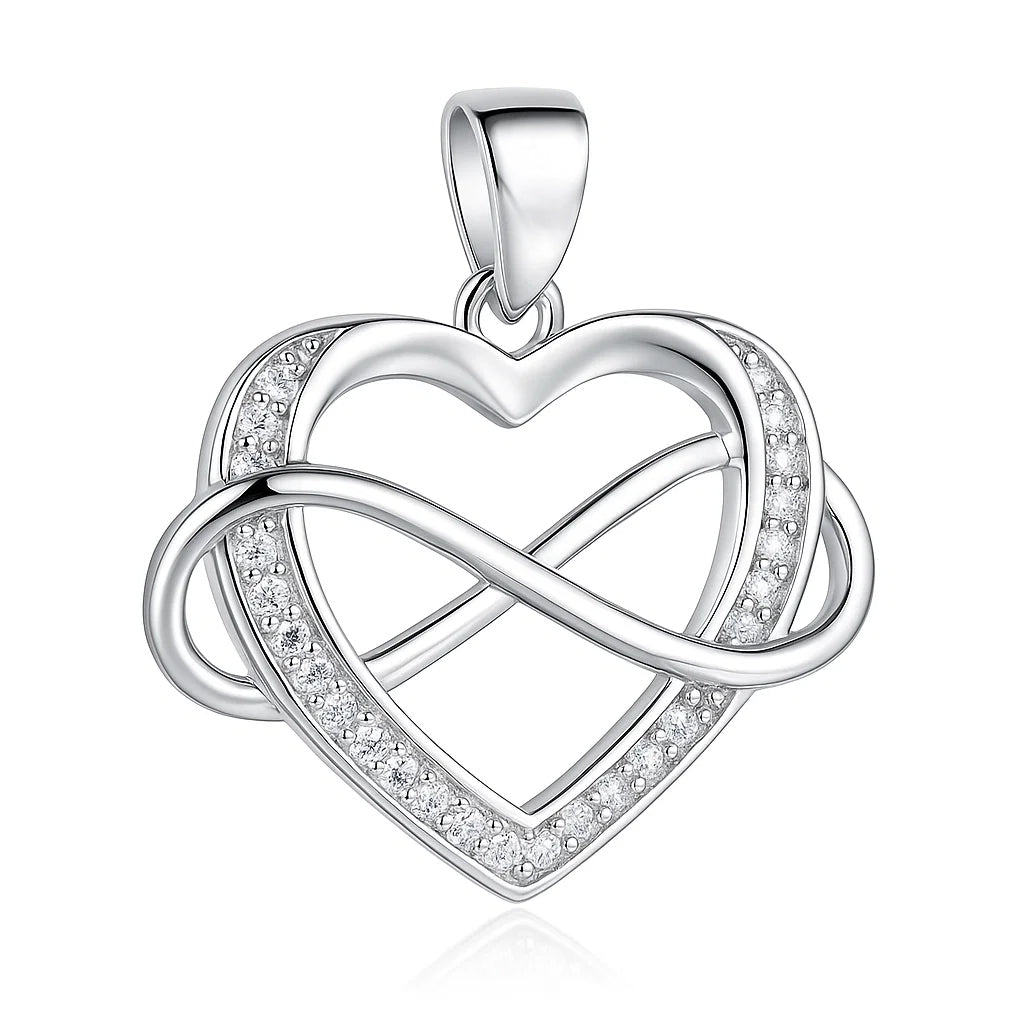 Silver heart-shaped pendant with interlocking design on a white background