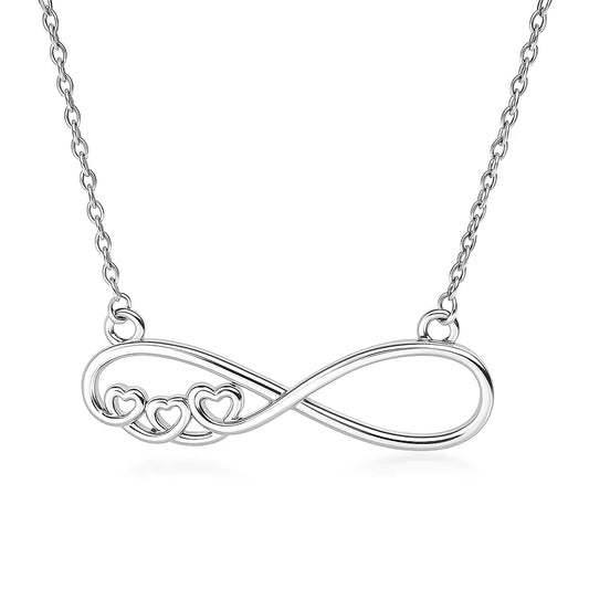 Silver infinity necklace with heart details on a white background