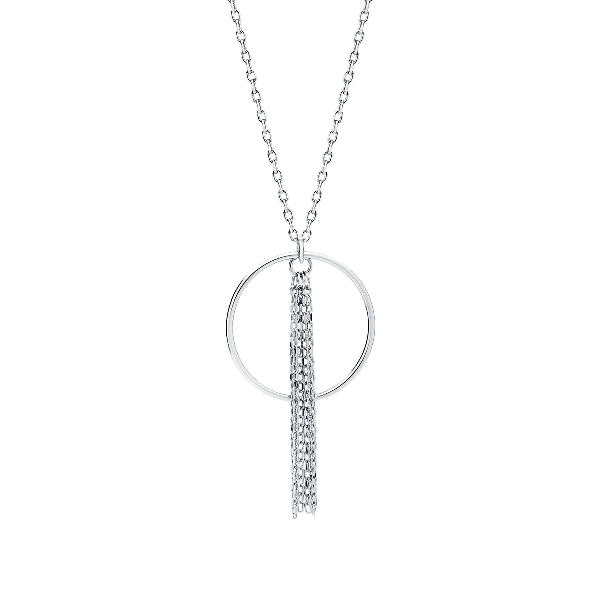 Trendy Necklace -Rhodium Plated Silver Necklace with Circle and Chains