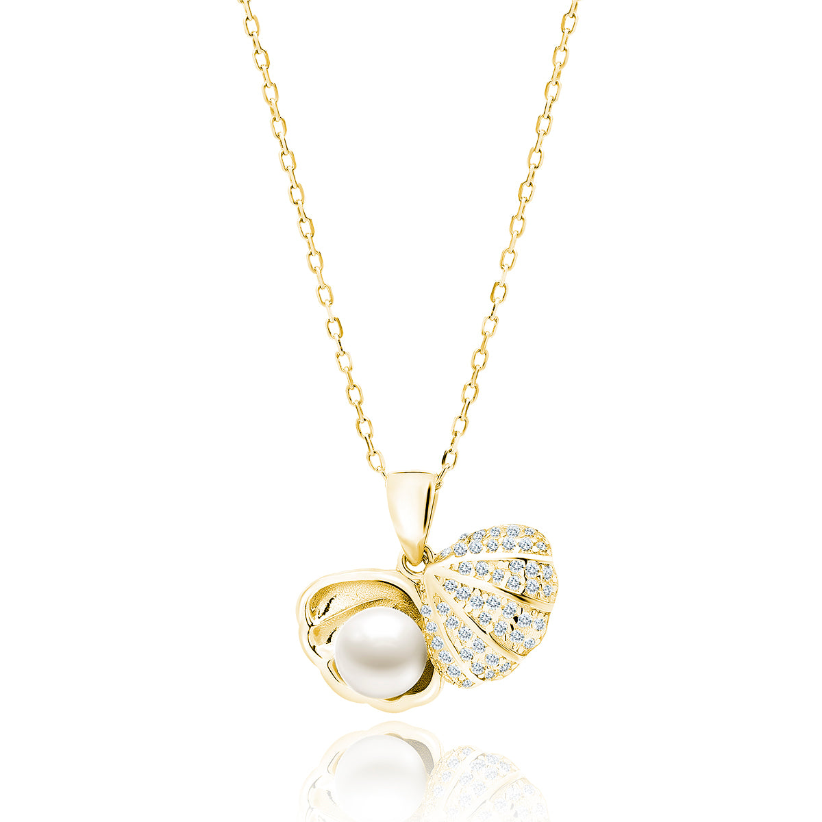 Gold Seashell Necklace with Pearl and CZ