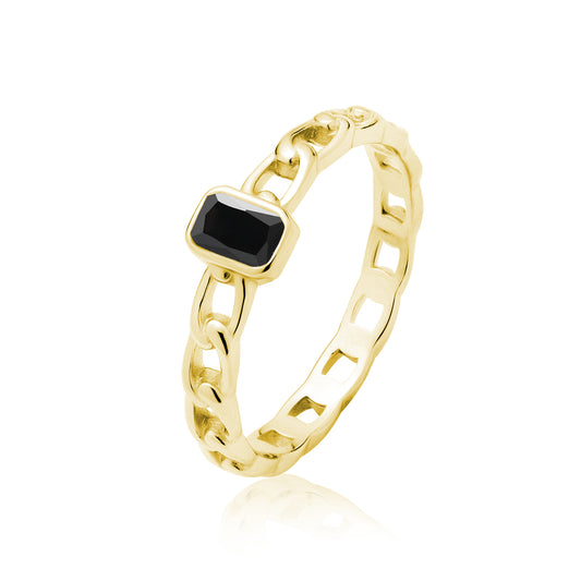 Golden Chain Ring Black CZ - Amona Jewelry