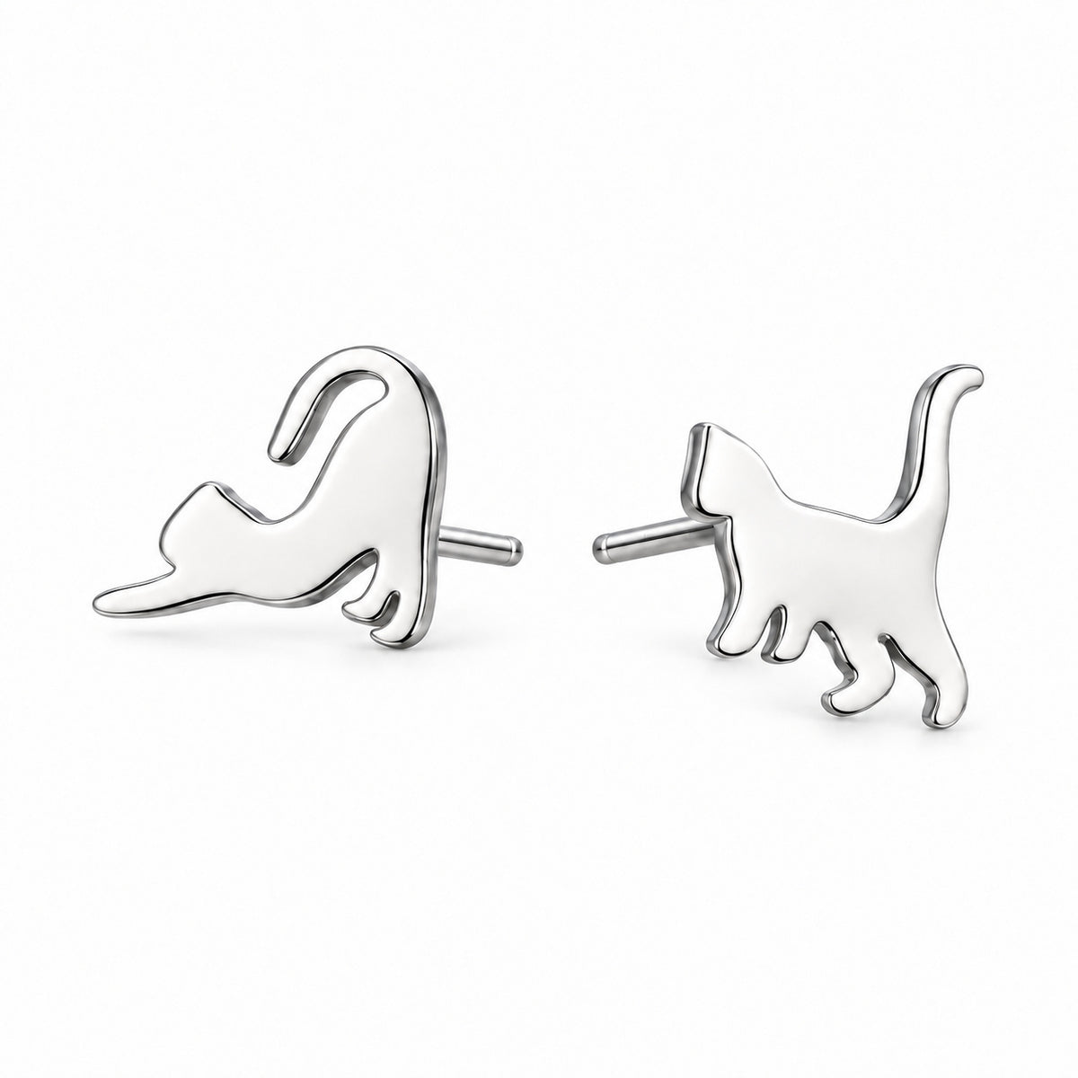Silver Mismatched Cat Stud Earrings