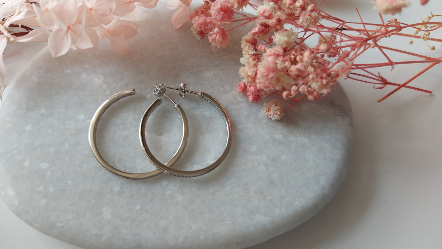 Silver Hoop Earrings Cubic Zirconia Stones Rhodium Plated 30 mm Amona Jewellery