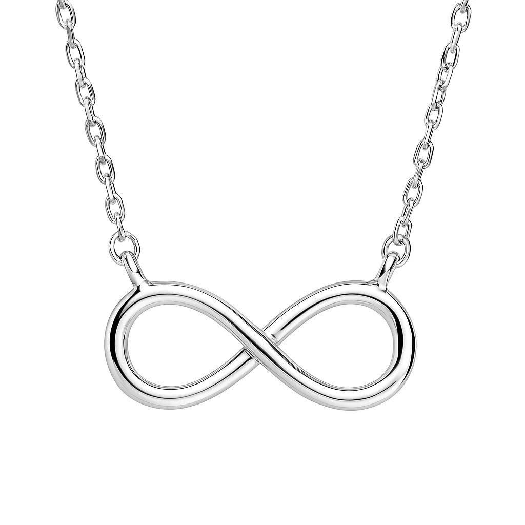 Silver infinity necklace on a white background