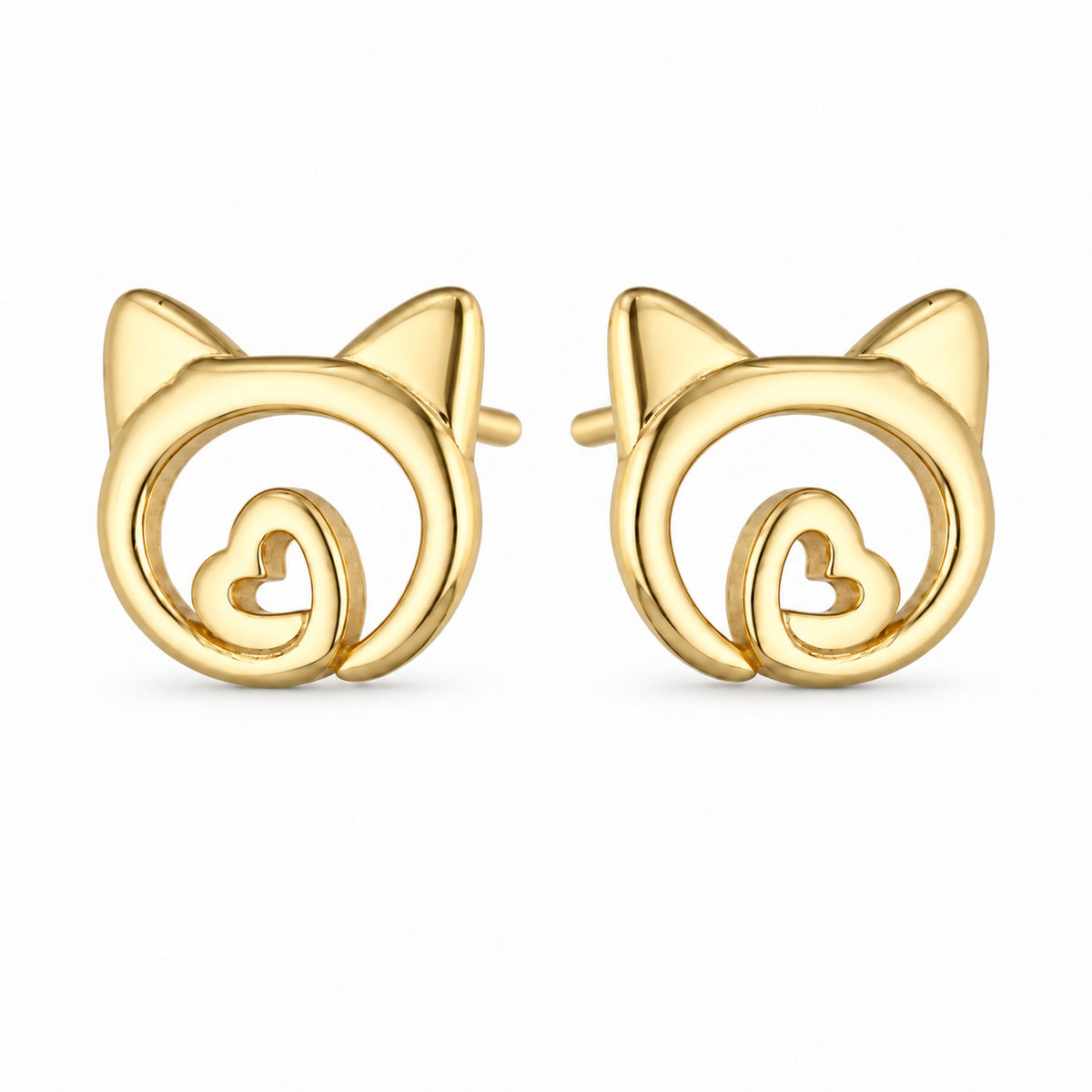 Gold Cat Face Stud Earrings with a Heart