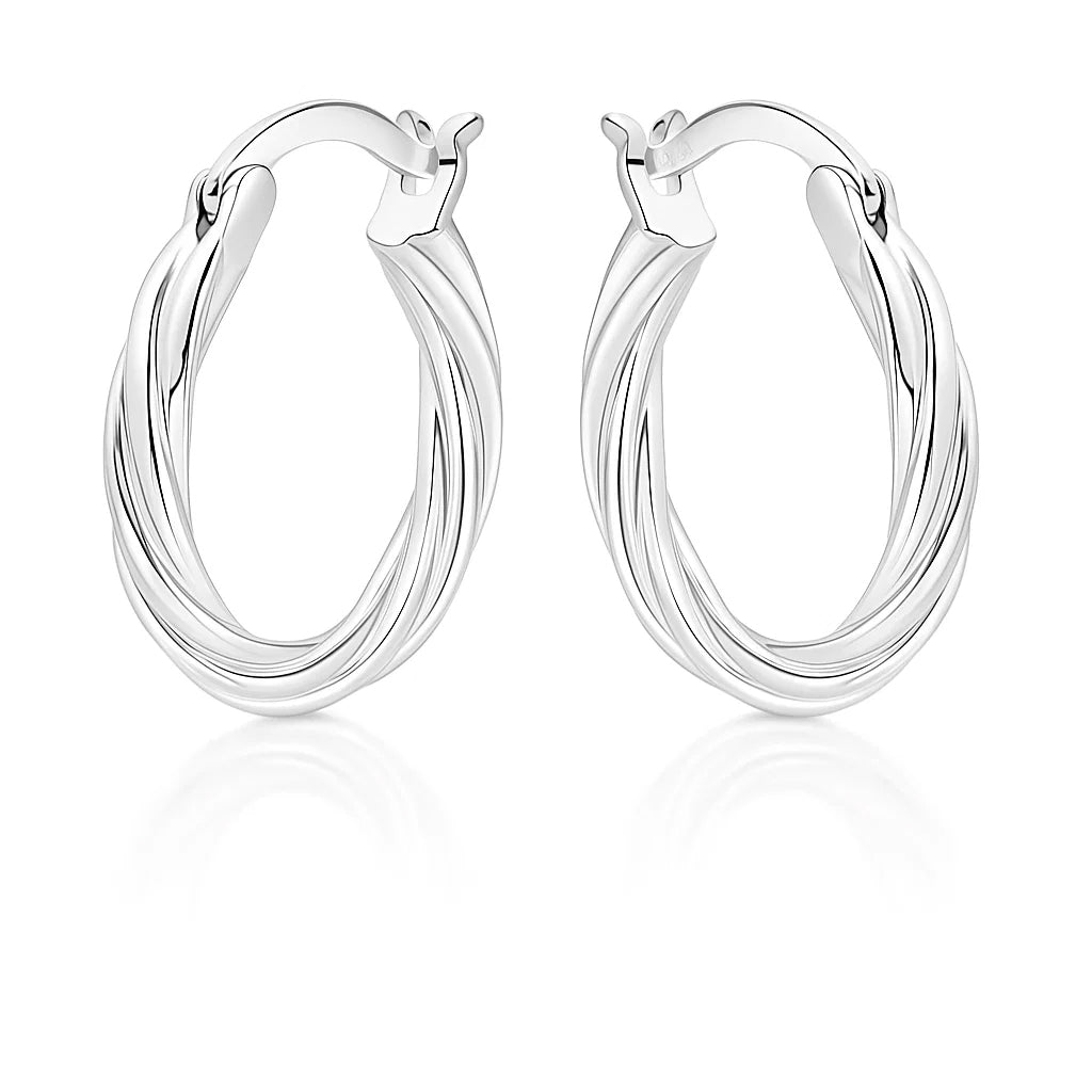 Pair of silver hoop earrings on a white background