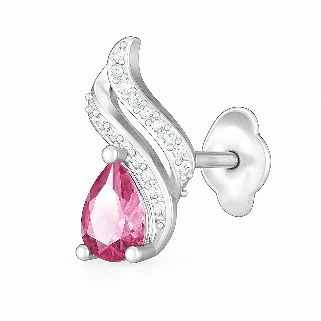 Silver earring with a pink gemstone on a white background