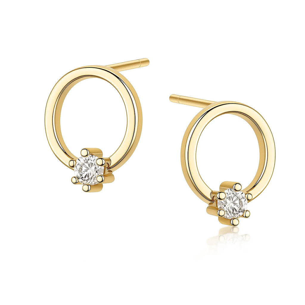 Gold hoop earrings with small diamonds on a white background