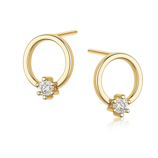 Gold hoop earrings with small diamonds on a white background