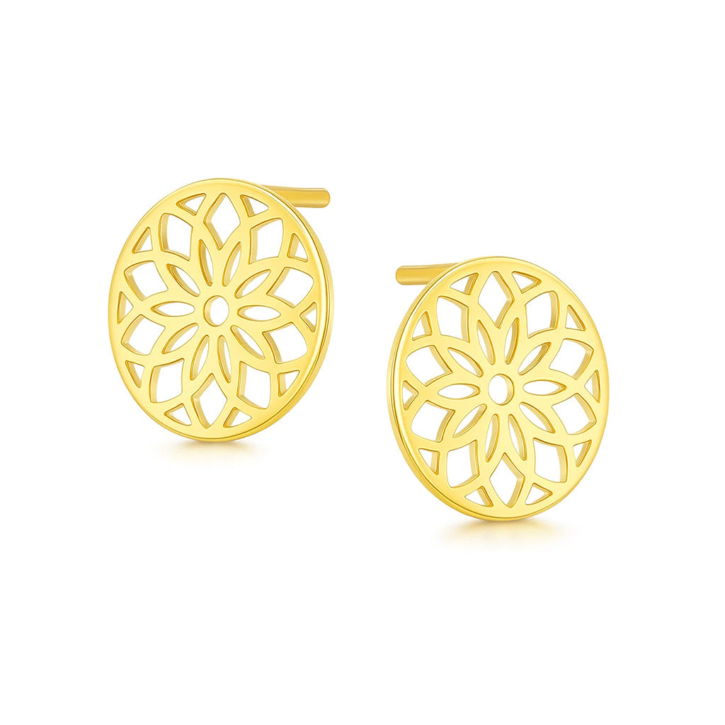 Gold floral earrings on a white background