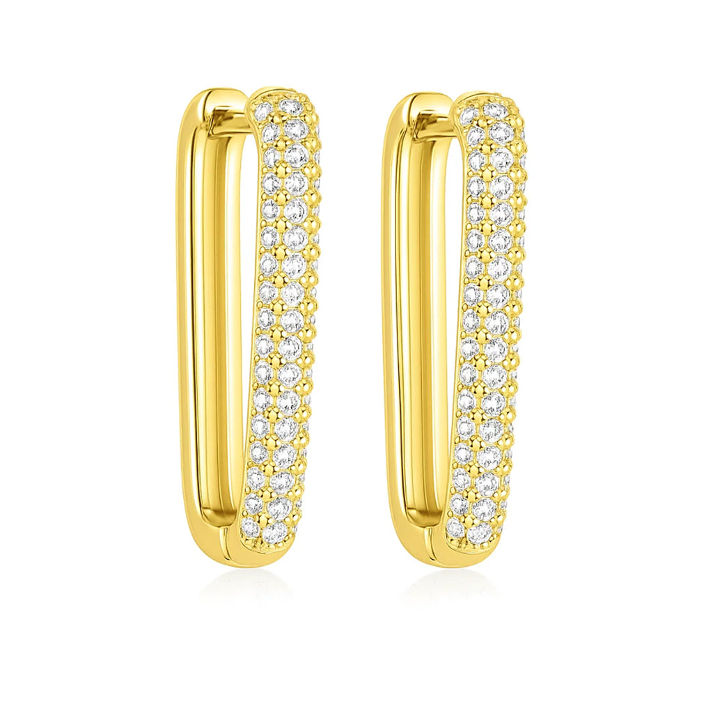Gold hoop earrings with embedded diamonds on a white background