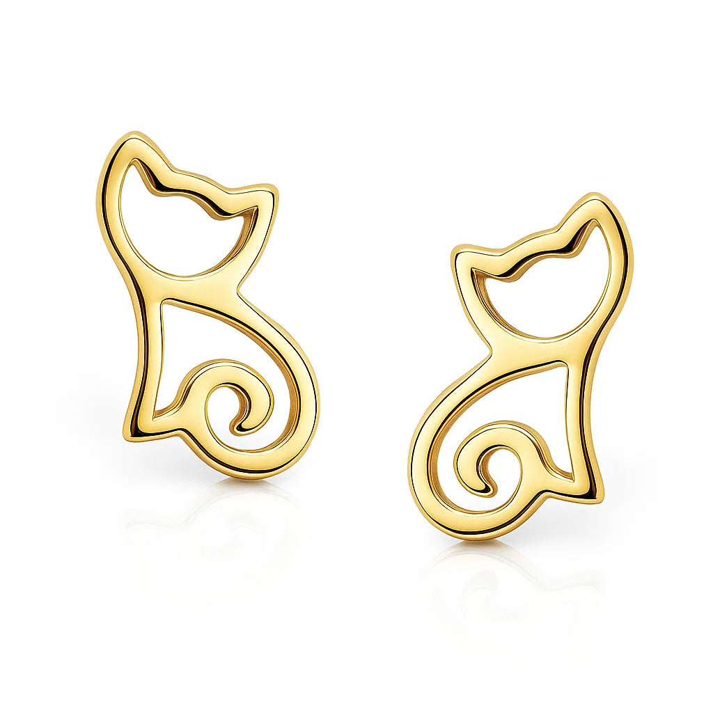 Gold cat-shaped earrings on a white background