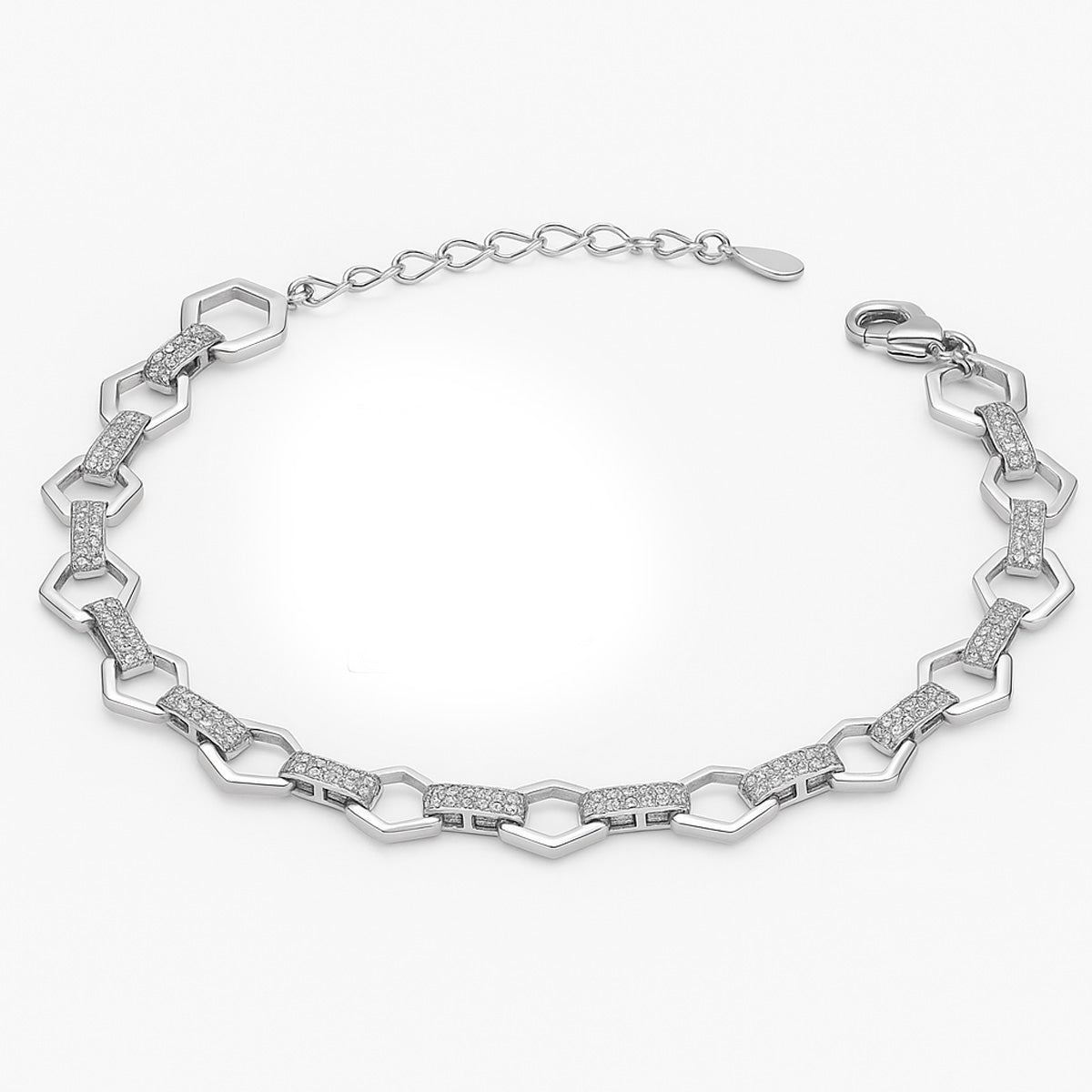 Silver Rhodium Plated Octagonal Chain Bracelet covered with CZ - Amona Jewellery