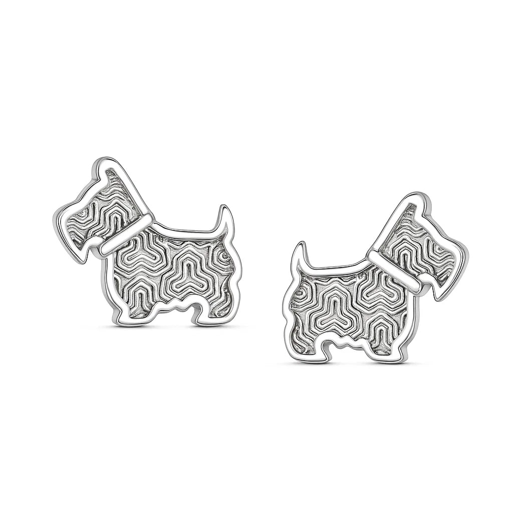 Pair of silver dog-shaped earrings on a white background
