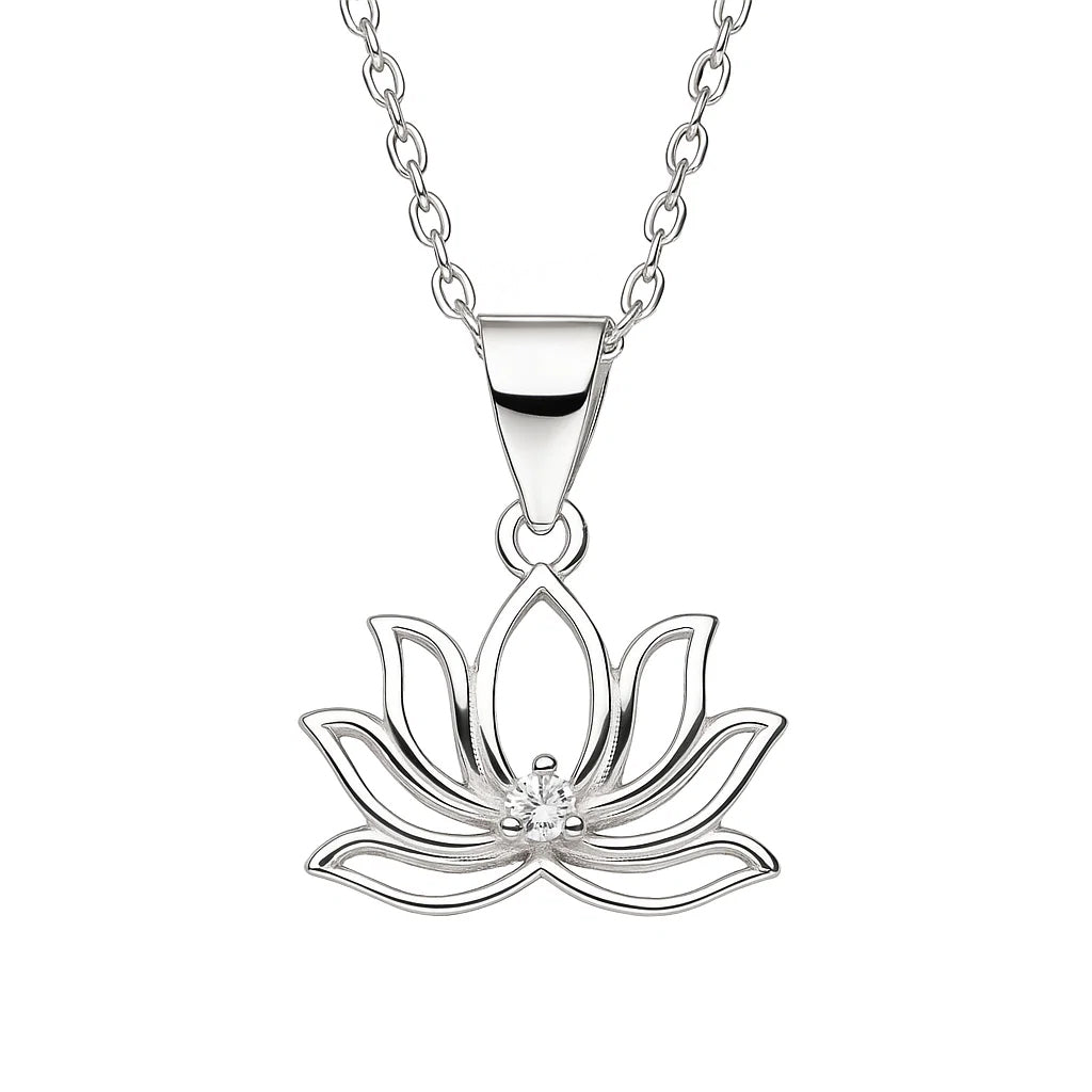 Silver lotus flower pendant necklace on a white background